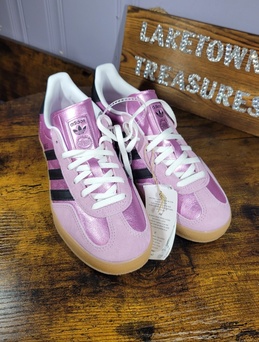 Adidas Gazelle Metallic Pink Sneakers with Black Stripes - Picture 7 of 14
